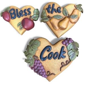 Vintage Home Interiors “Bless The Cook” 3 Plaques - Hearts Grapes Apples Pears